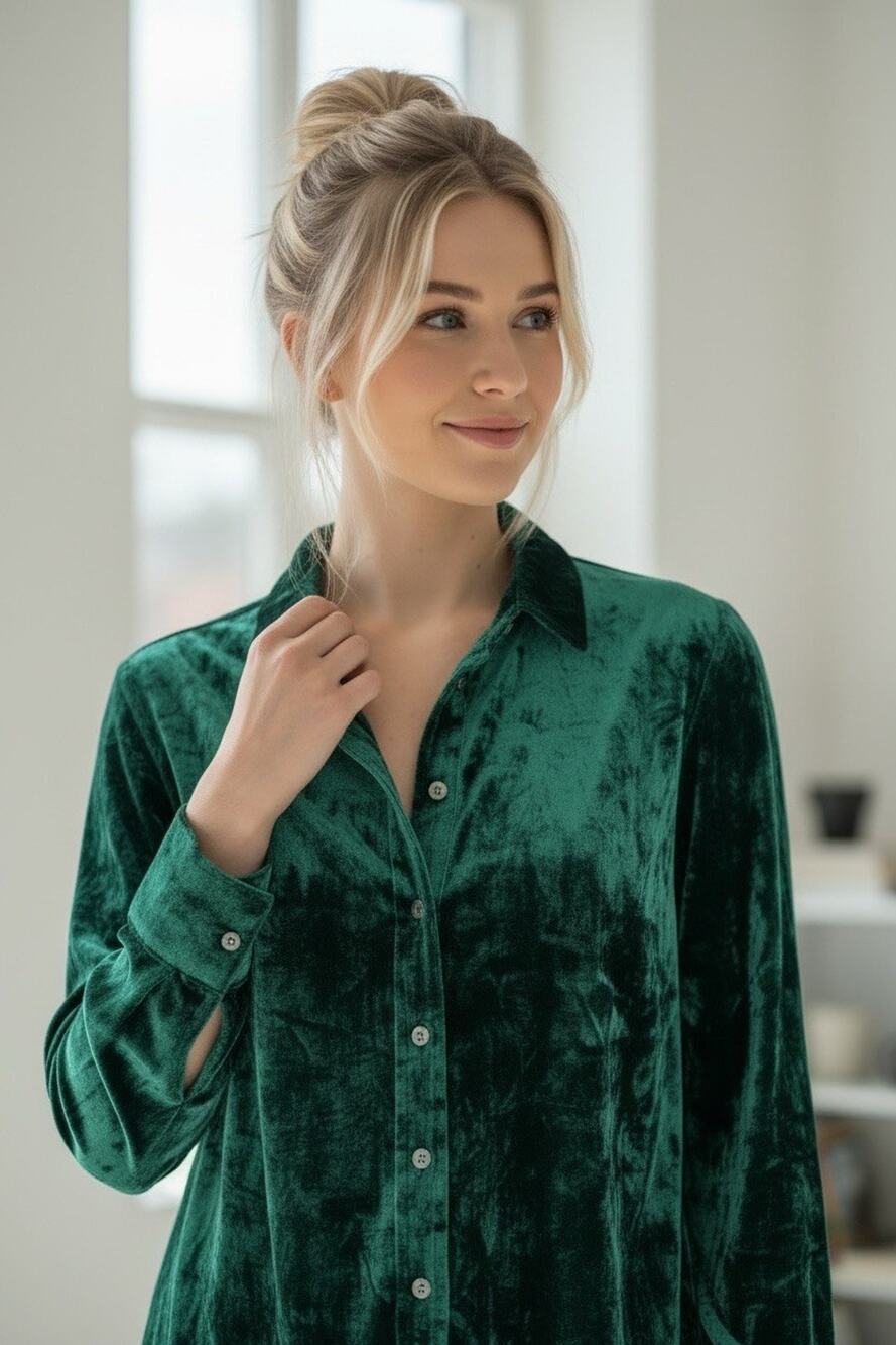 Talbots Effortless Velvet Long-Sleeve Button Down Top Dark Green Size S Preppy